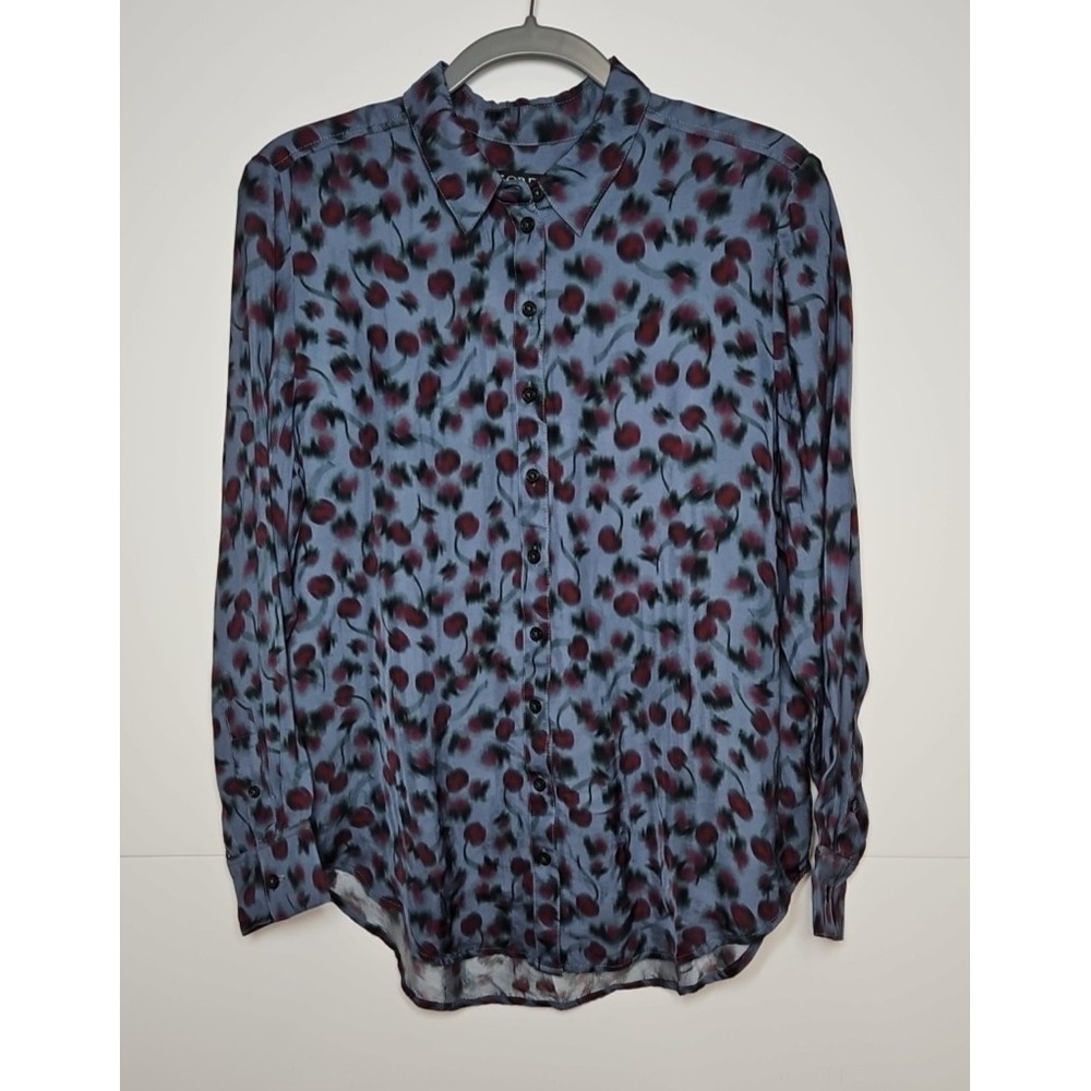 J Crew Womens Blue Cherry Print Button Front Blouse Size Large